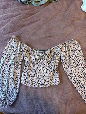 Reformation Cream and Black Leopard Print Off-Shoulder Blouse